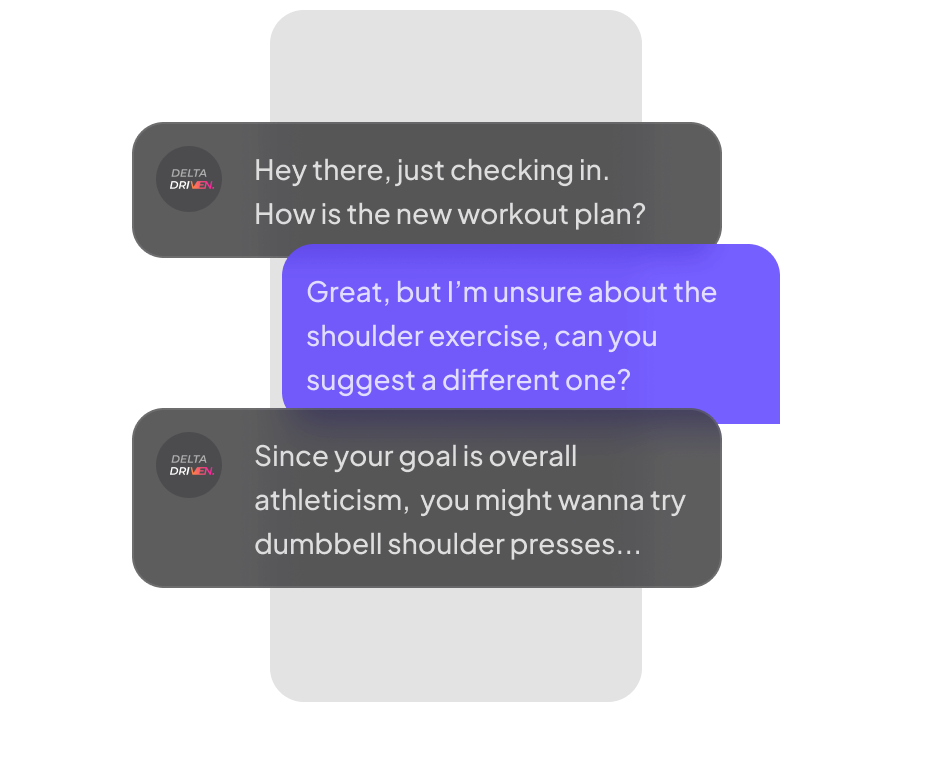 Two chat bubbles depicting  conversation between a user and an AI fitness trainer. The AI checks in with the user and asks him how the new workout plan is going. 