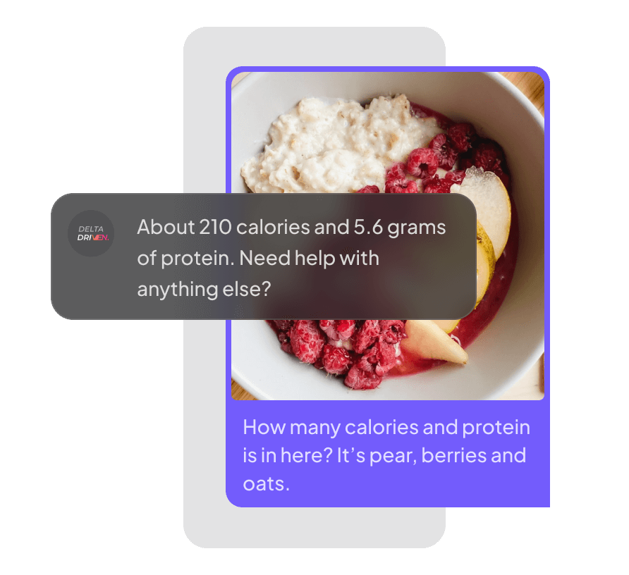 Two chat bubbles depicting a conversation between a user and an AI fitness trainer. The user shares an image a bow with oats and fruits with the AI and asks it for a macronutrient estimate.